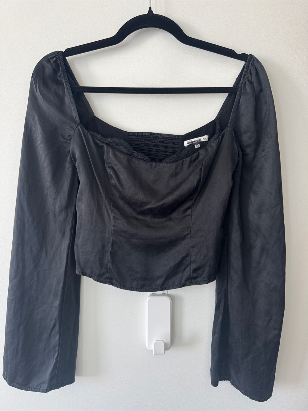 Reformation Black Satin Corset-Style Long Sleeve Top